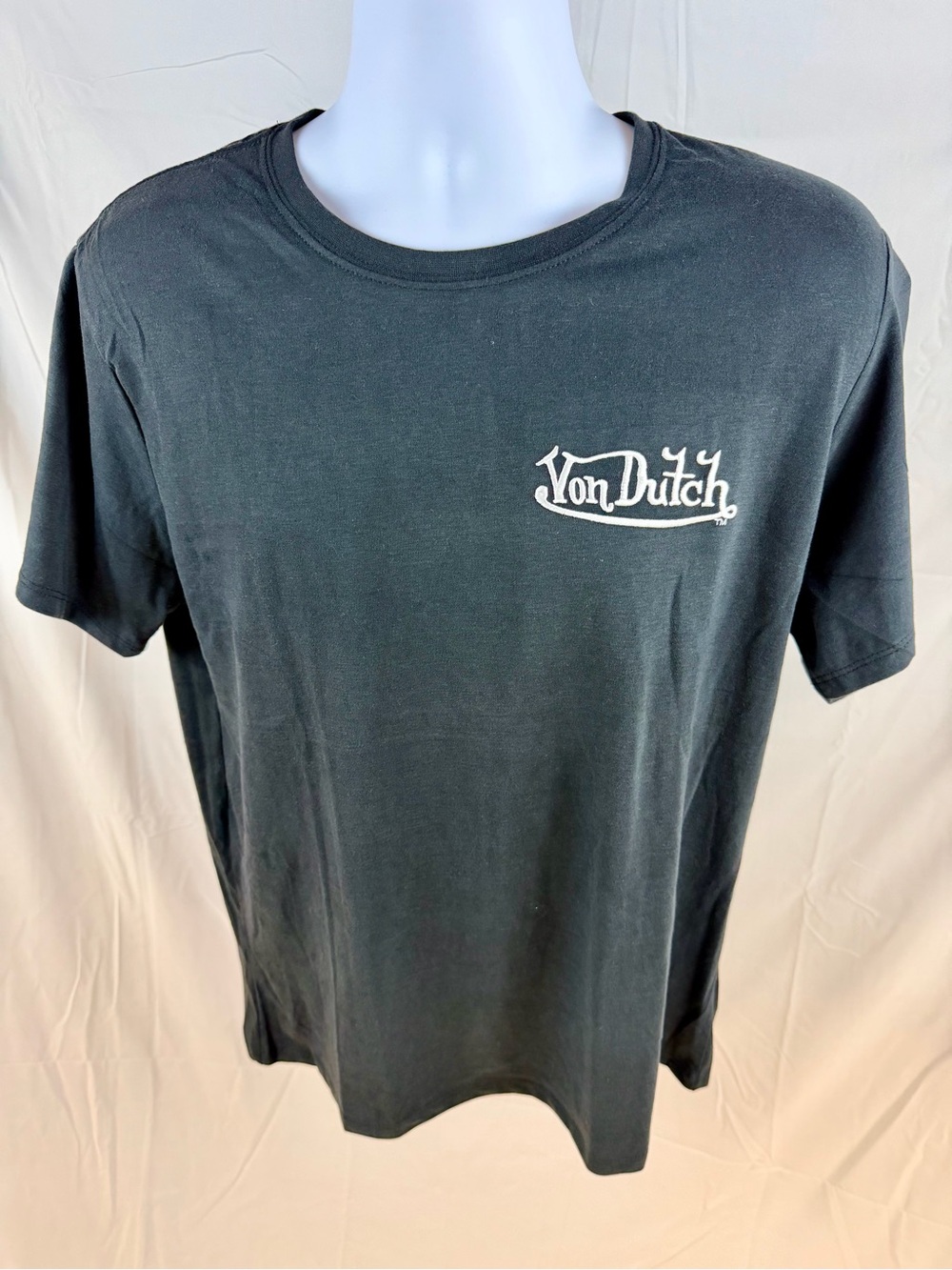 Von Dutch Men’s Black Embroidered Logo front & back T-Shirt NWT Large Y2K